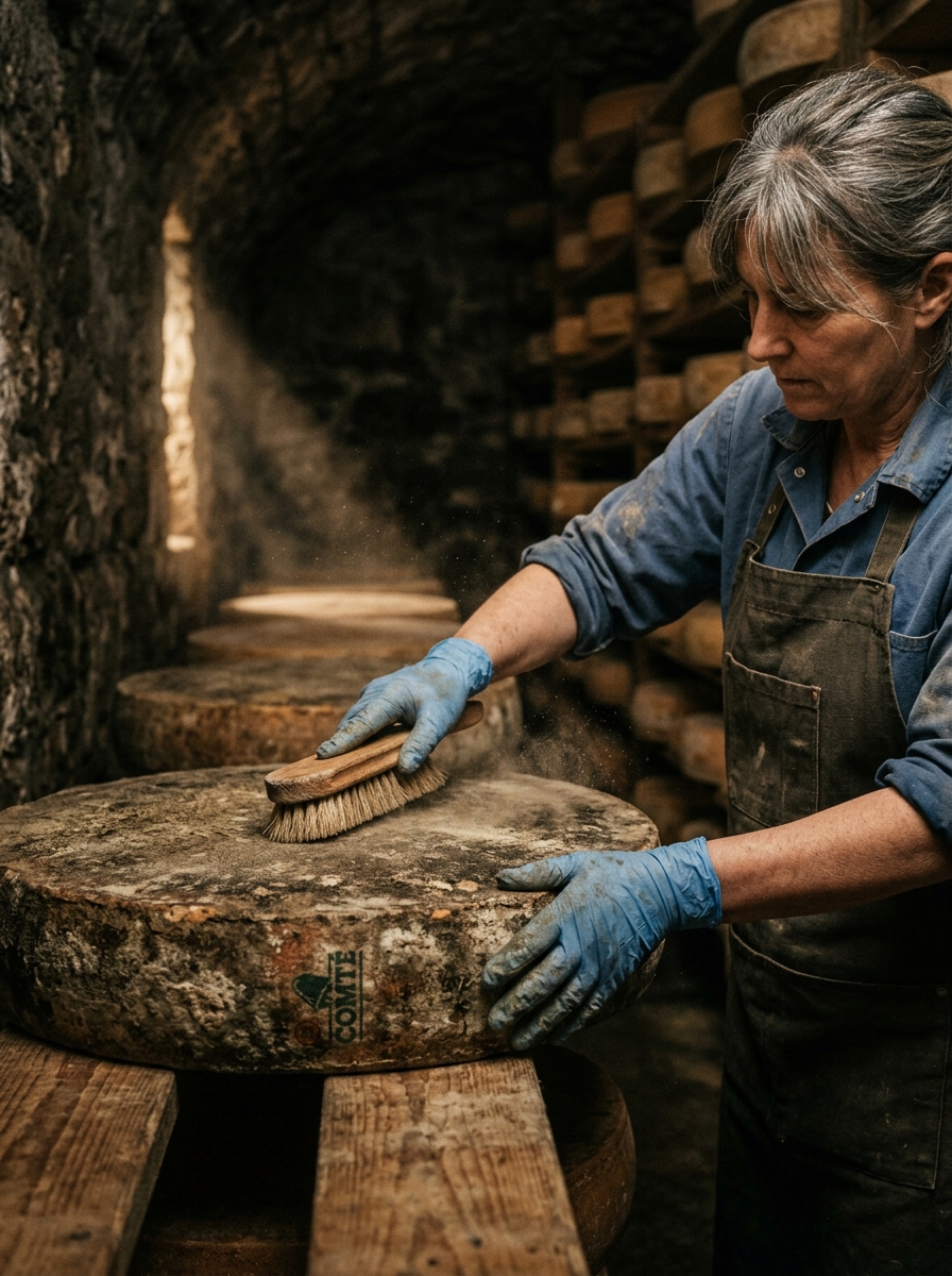 Artisan affineur brushing aged cheese rind inside the cellar