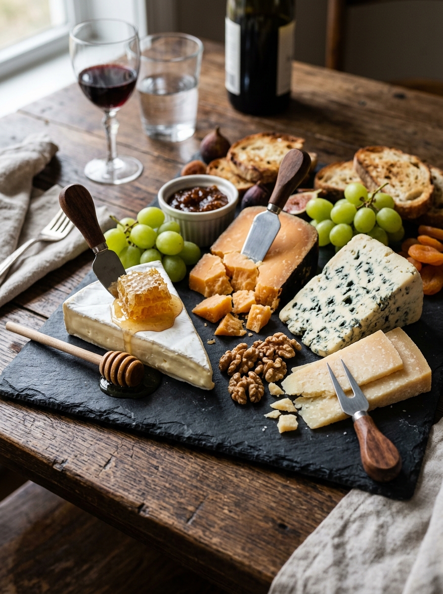 Curated cheese board served on a dark slate plate